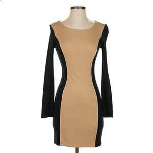 M Ella Moss Women’s Beige and Black Long-Sleeve Bodycon Dress Business Casual